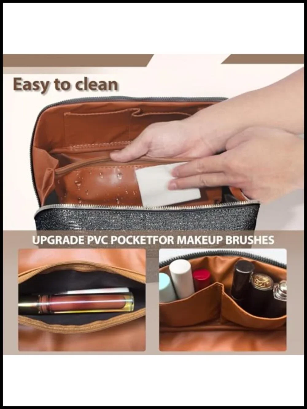 Large Waterproof Travel Cosmetic Bag PU Leather Organizer with Handle 180°